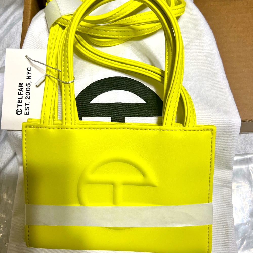 Telfar, small highlighter yellow shoppers bag